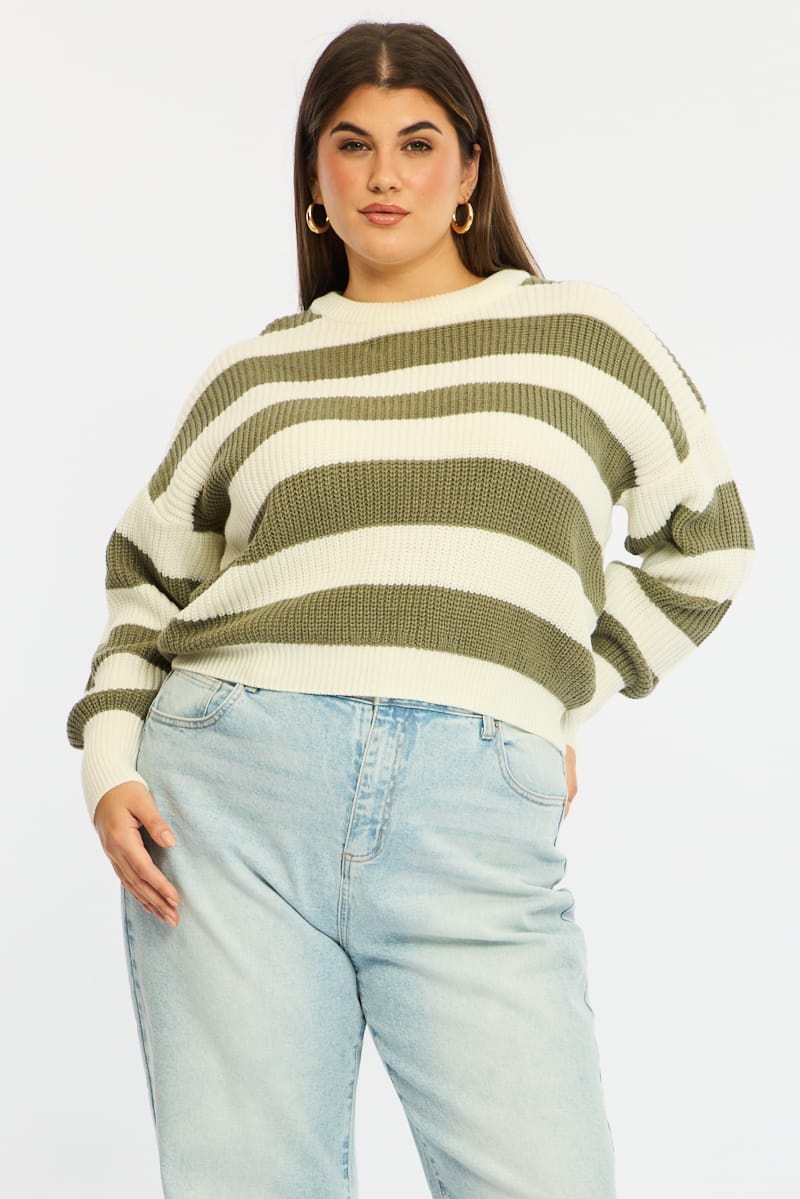 Green Stripe Knit Top Long Sleeve Color Block for YouandAll Fashion