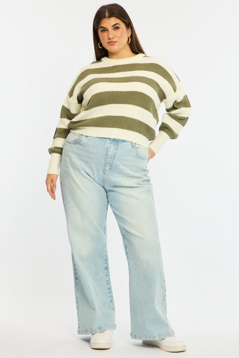 Green Stripe Knit Top Long Sleeve Color Block for YouandAll Fashion