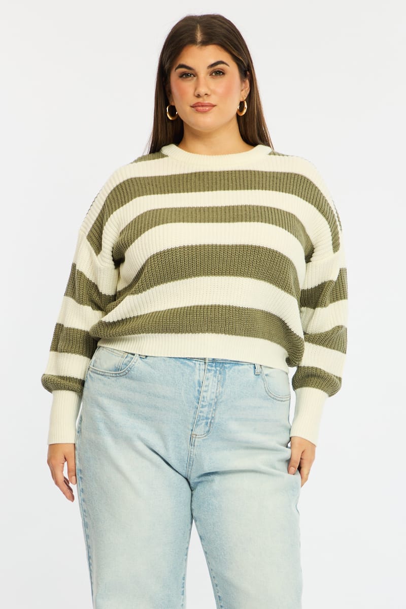 Green Stripe Knit Top Long Sleeve Color Block for YouandAll Fashion