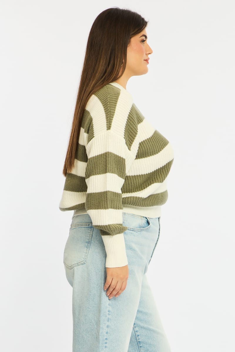 Green Stripe Knit Top Long Sleeve Color Block for YouandAll Fashion