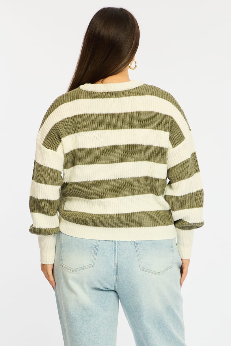 Green Stripe Knit Top Long Sleeve Color Block for YouandAll Fashion