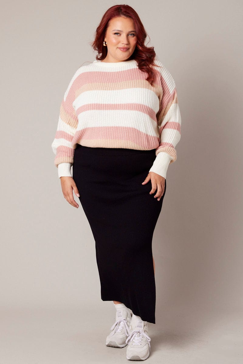 Pink Stripe Knit Jumper Long Sleeve Round Neck for YouandAll Fashion