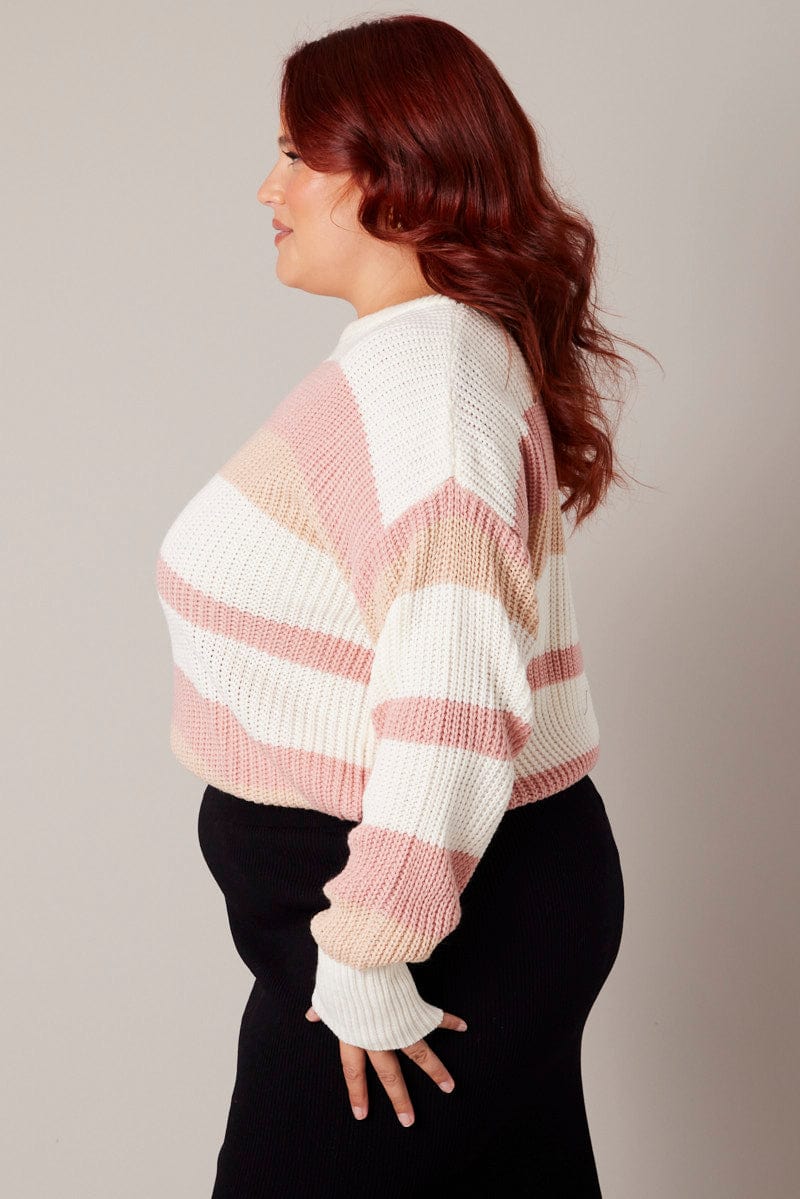 Pink Stripe Knit Jumper Long Sleeve Round Neck for YouandAll Fashion