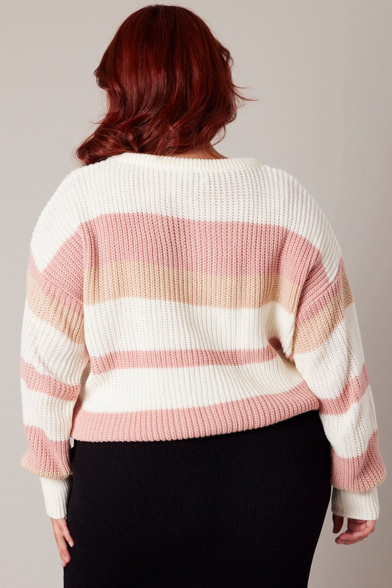 Pink Stripe Knit Jumper Long Sleeve Round Neck for YouandAll Fashion