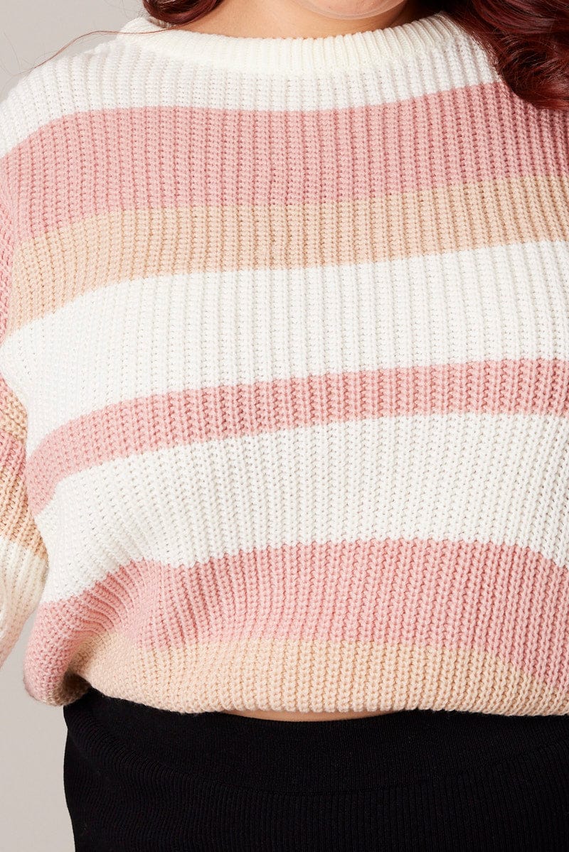 Pink Stripe Knit Jumper Long Sleeve Round Neck for YouandAll Fashion