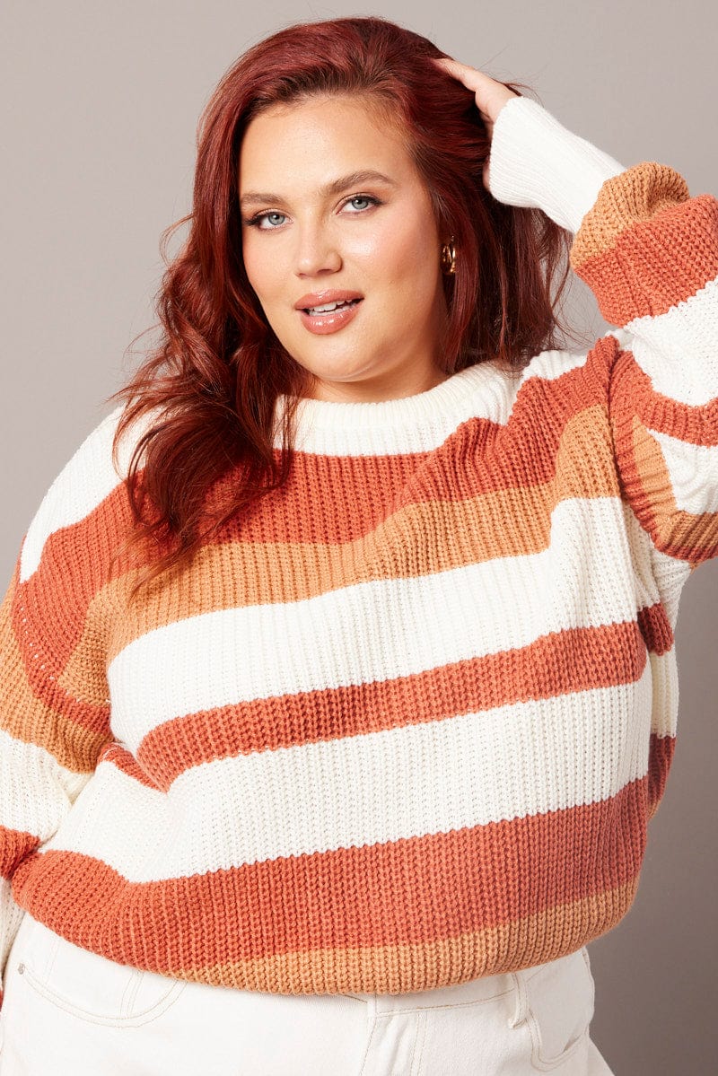 Brown Stripe Stripe Knit Jumper Long Sleeve Round Neck for YouandAll Fashion