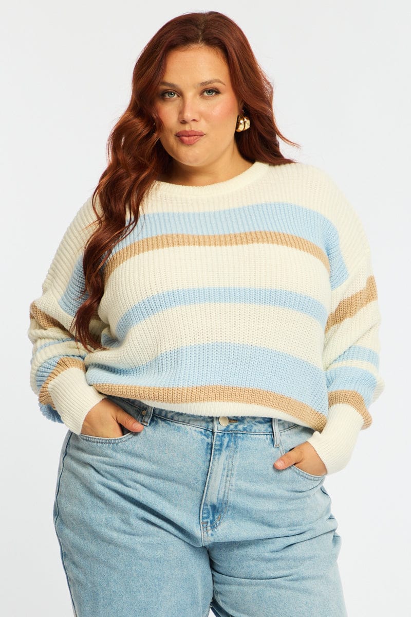 Blue Stripe Knit Top Long Sleeve Color Block for YouandAll Fashion