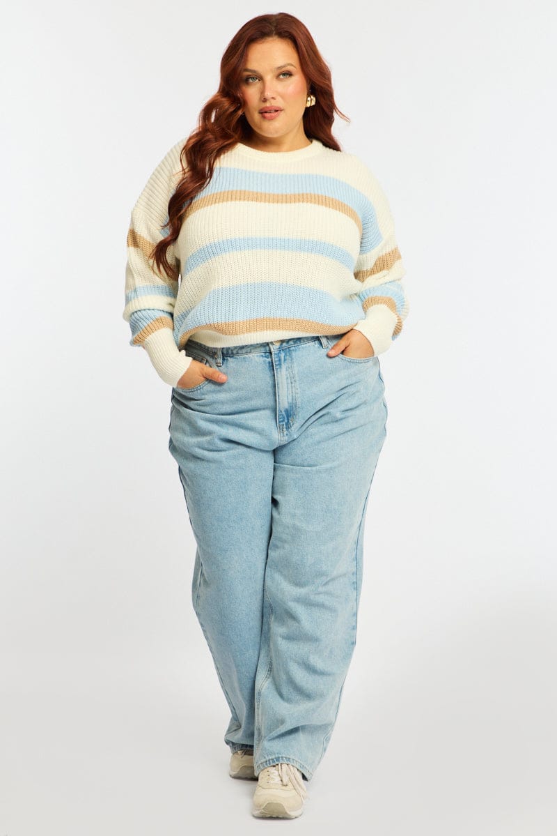 Blue Stripe Knit Top Long Sleeve Color Block for YouandAll Fashion