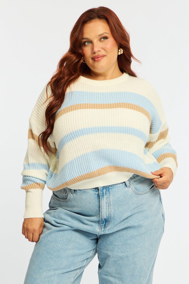 Blue Stripe Knit Top Long Sleeve Color Block for YouandAll Fashion