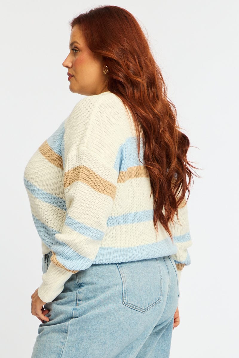 Blue Stripe Knit Top Long Sleeve Color Block for YouandAll Fashion
