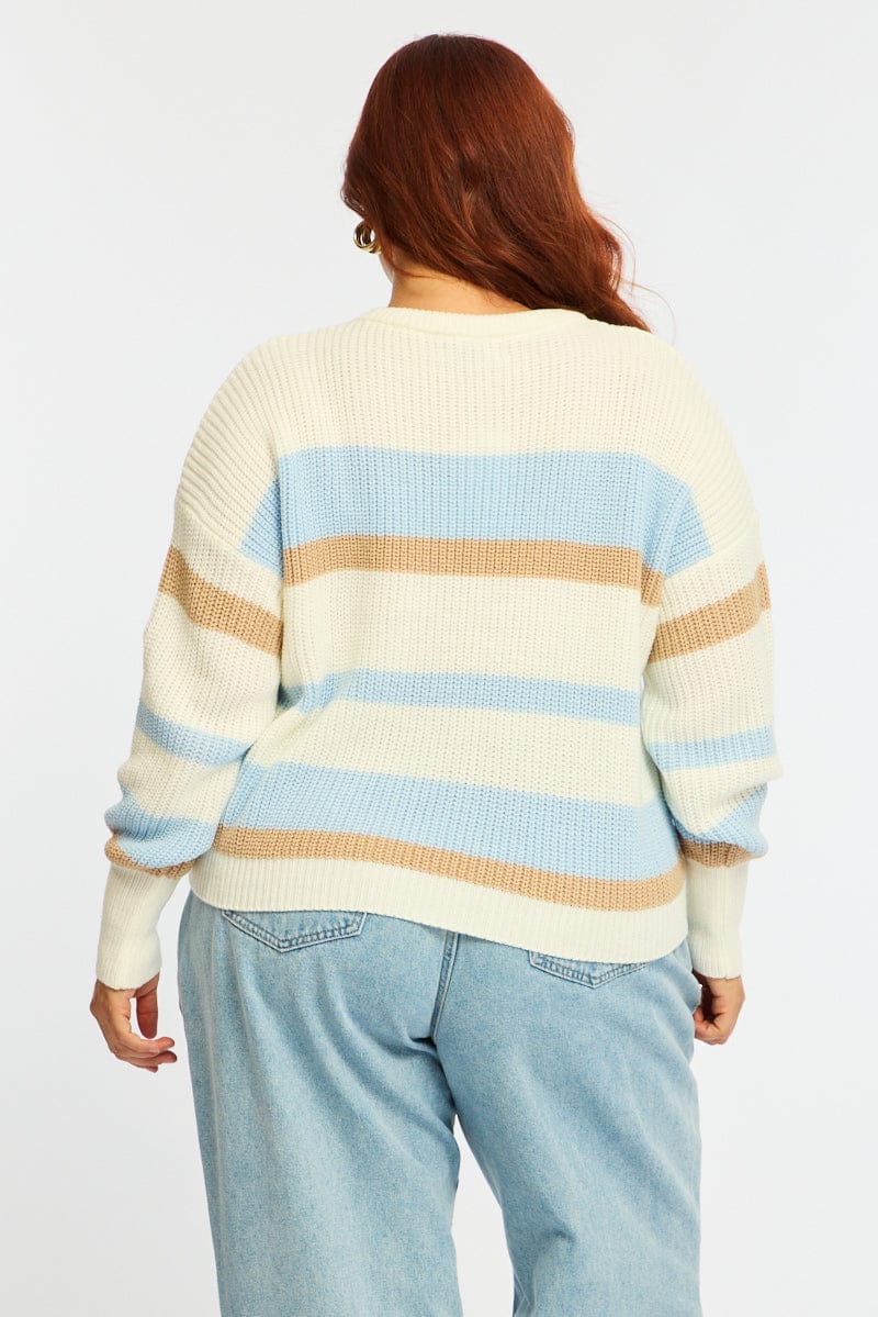 Blue Stripe Knit Top Long Sleeve Color Block for YouandAll Fashion
