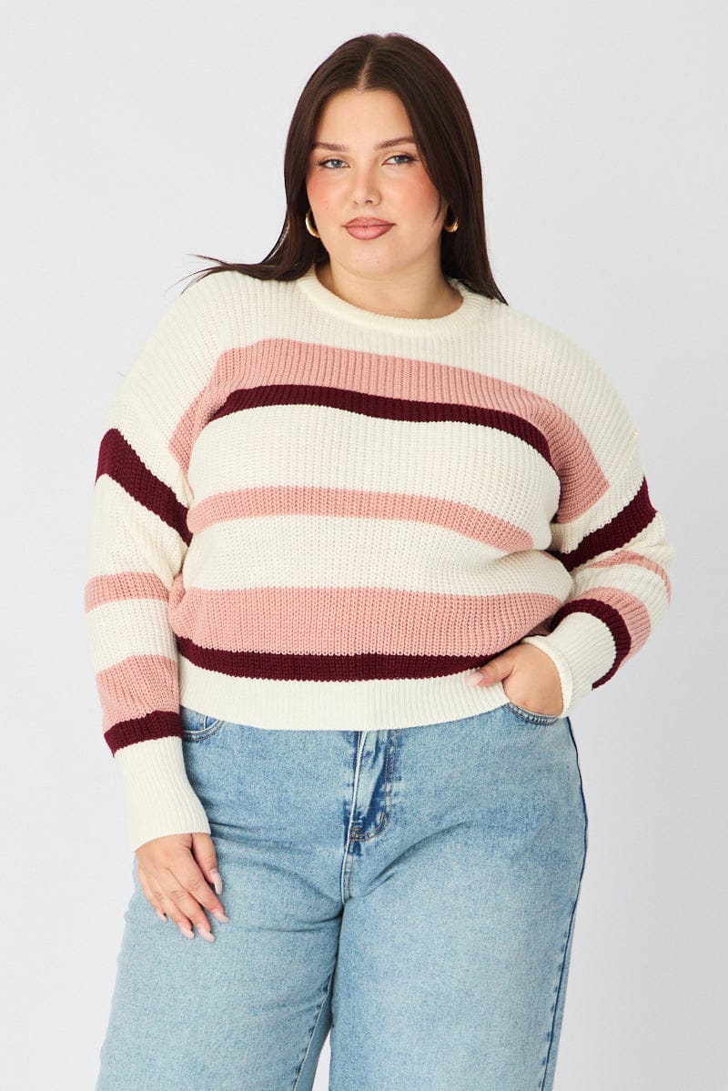 Pink Stripe Knit Top Long Sleeve Color Block for YouandAll Fashion