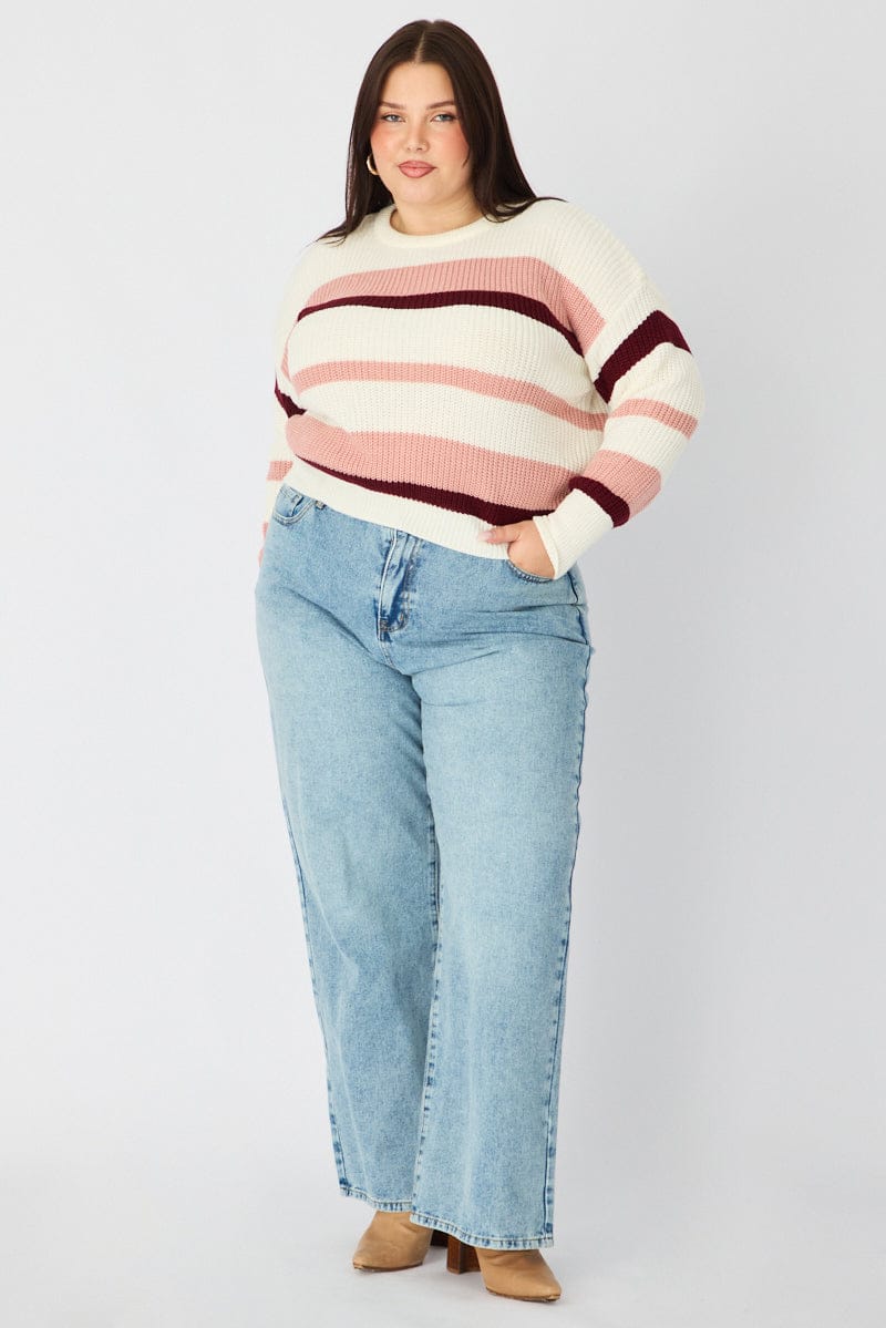 Pink Stripe Knit Top Long Sleeve Color Block for YouandAll Fashion