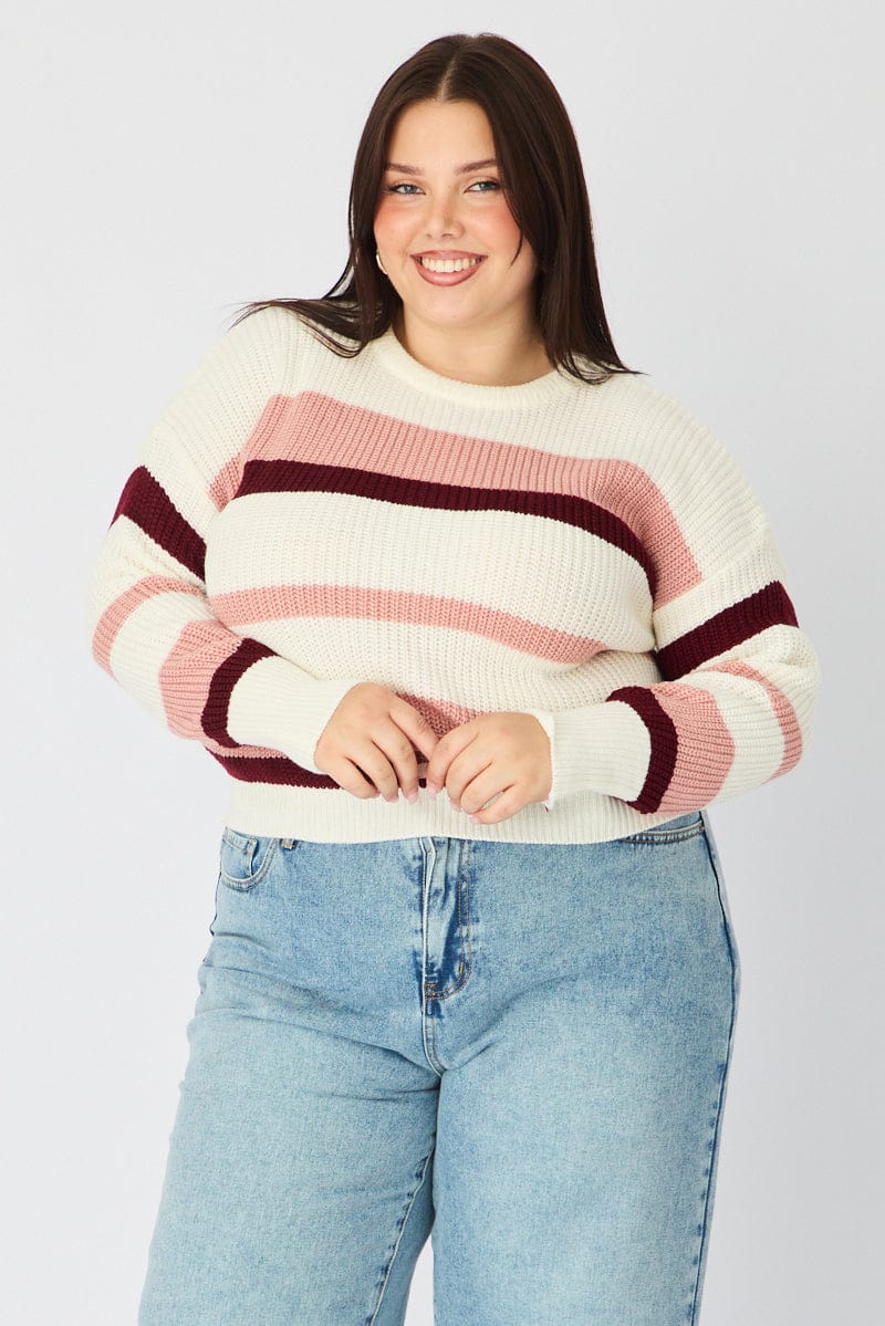 Pink Stripe Knit Top Long Sleeve Color Block for YouandAll Fashion