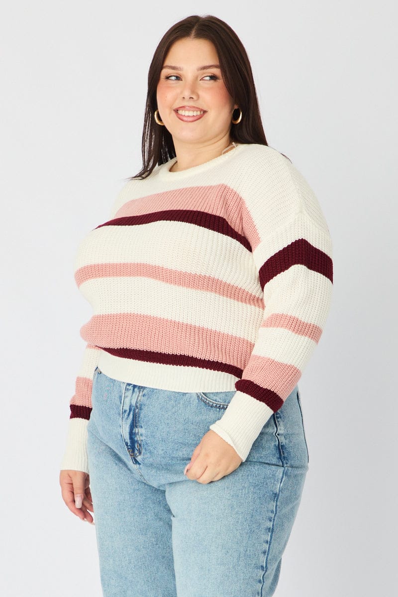 Pink Stripe Knit Top Long Sleeve Color Block for YouandAll Fashion