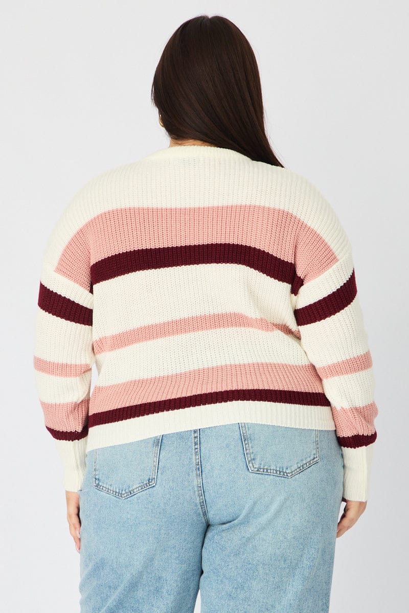Pink Stripe Knit Top Long Sleeve Color Block for YouandAll Fashion