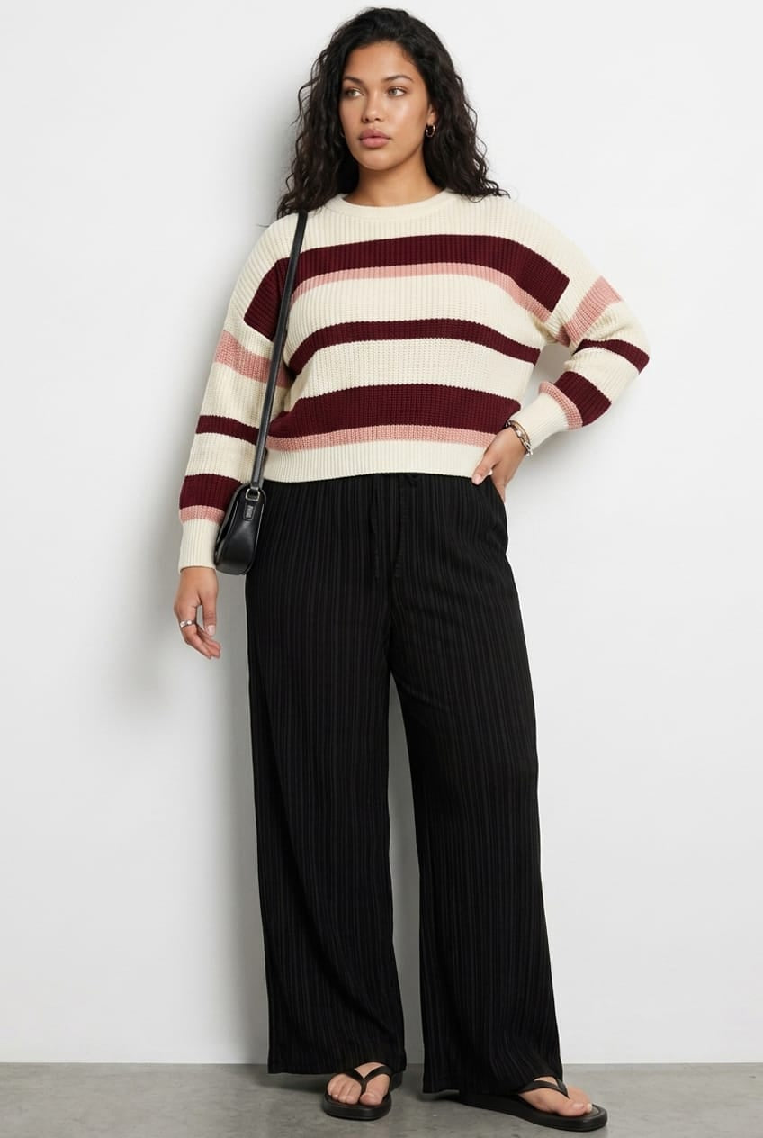 Red Stripe Knit Top Long Sleeve Color Block