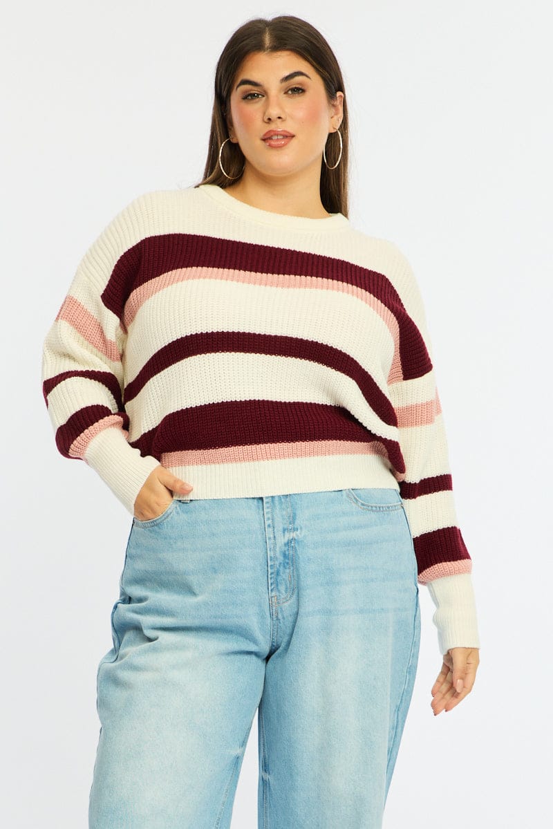 Red Stripe Knit Top Long Sleeve Color Block for YouandAll Fashion