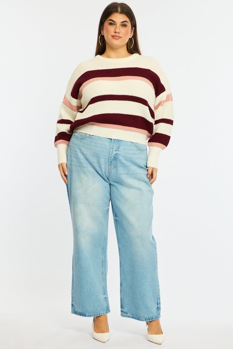Red Stripe Knit Top Long Sleeve Color Block for YouandAll Fashion