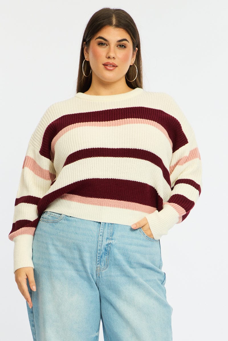Red Stripe Knit Top Long Sleeve Color Block for YouandAll Fashion