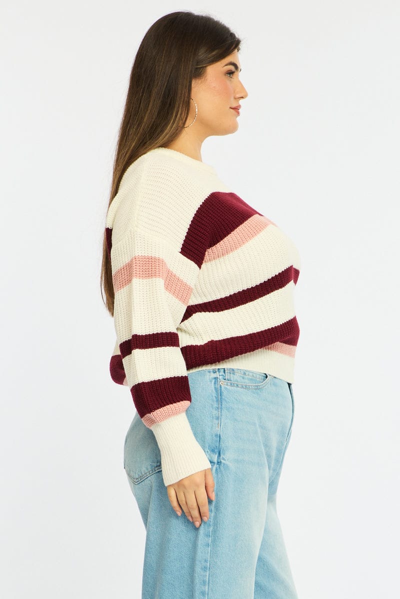 Red Stripe Knit Top Long Sleeve Color Block for YouandAll Fashion