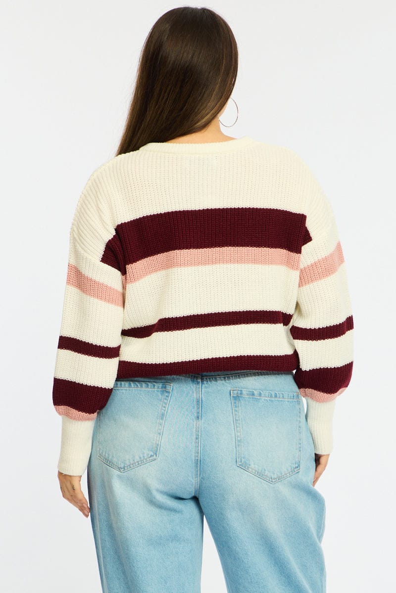 Red Stripe Knit Top Long Sleeve Color Block for YouandAll Fashion