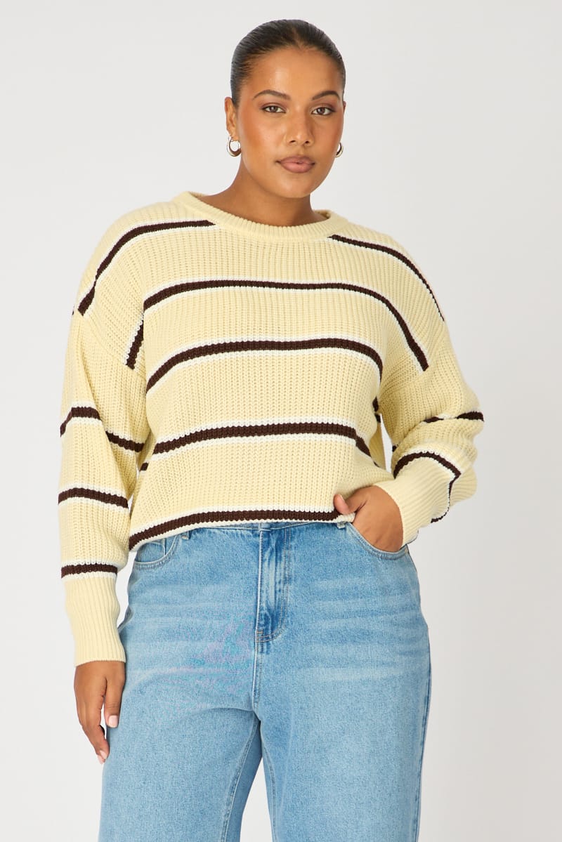 Yellow Stripe Knit Top Long Sleeve Color Block for YouandAll Fashion
