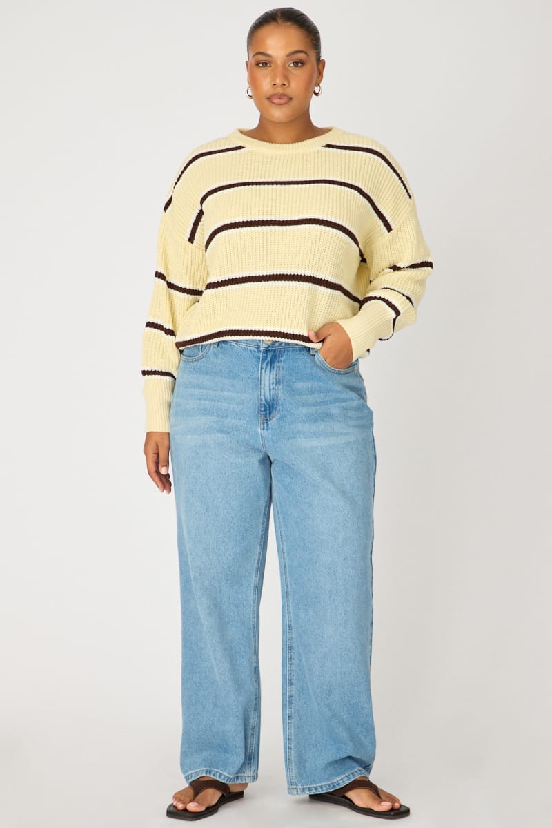 Yellow Stripe Knit Top Long Sleeve Color Block for YouandAll Fashion