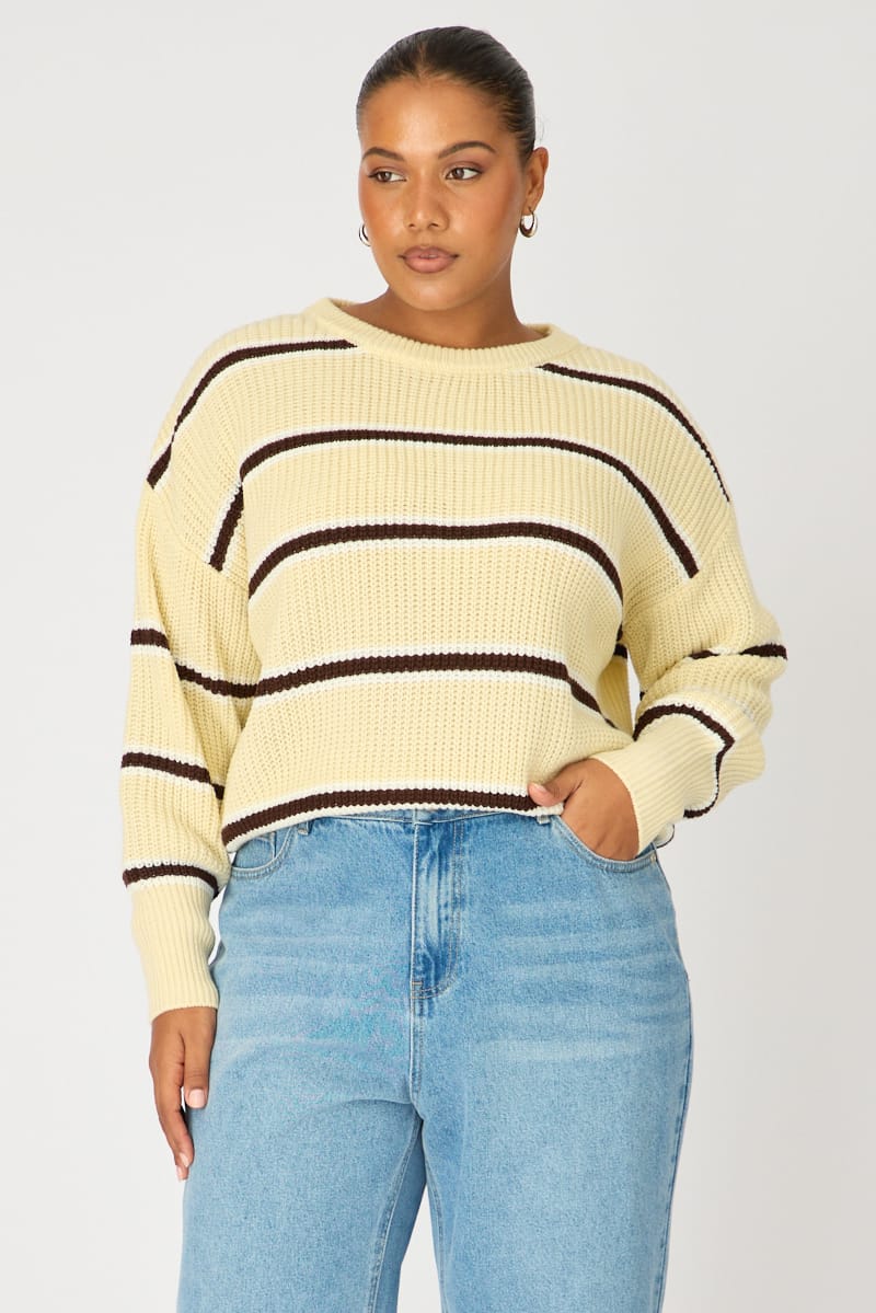 Yellow Stripe Knit Top Long Sleeve Color Block for YouandAll Fashion