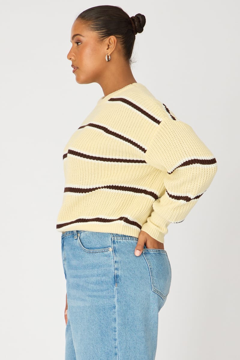 Yellow Stripe Knit Top Long Sleeve Color Block for YouandAll Fashion