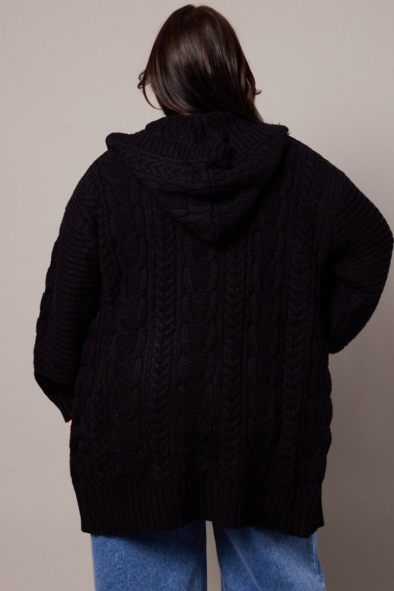 Black Longline Cardigan Long Sleeve Hooded Cable Knit You All