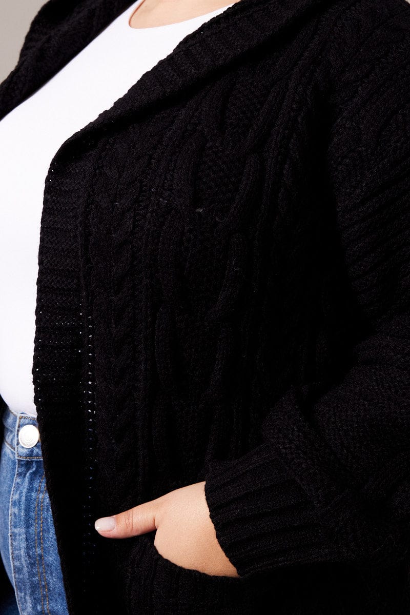 Black Longline Cardigan Long Sleeve Hooded Cable Knit for YouandAll Fashion