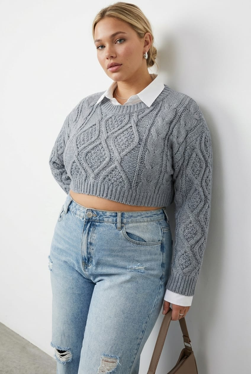 Grey Cable Knit Jumper Crop Faux Layered for YouandAll Fashion