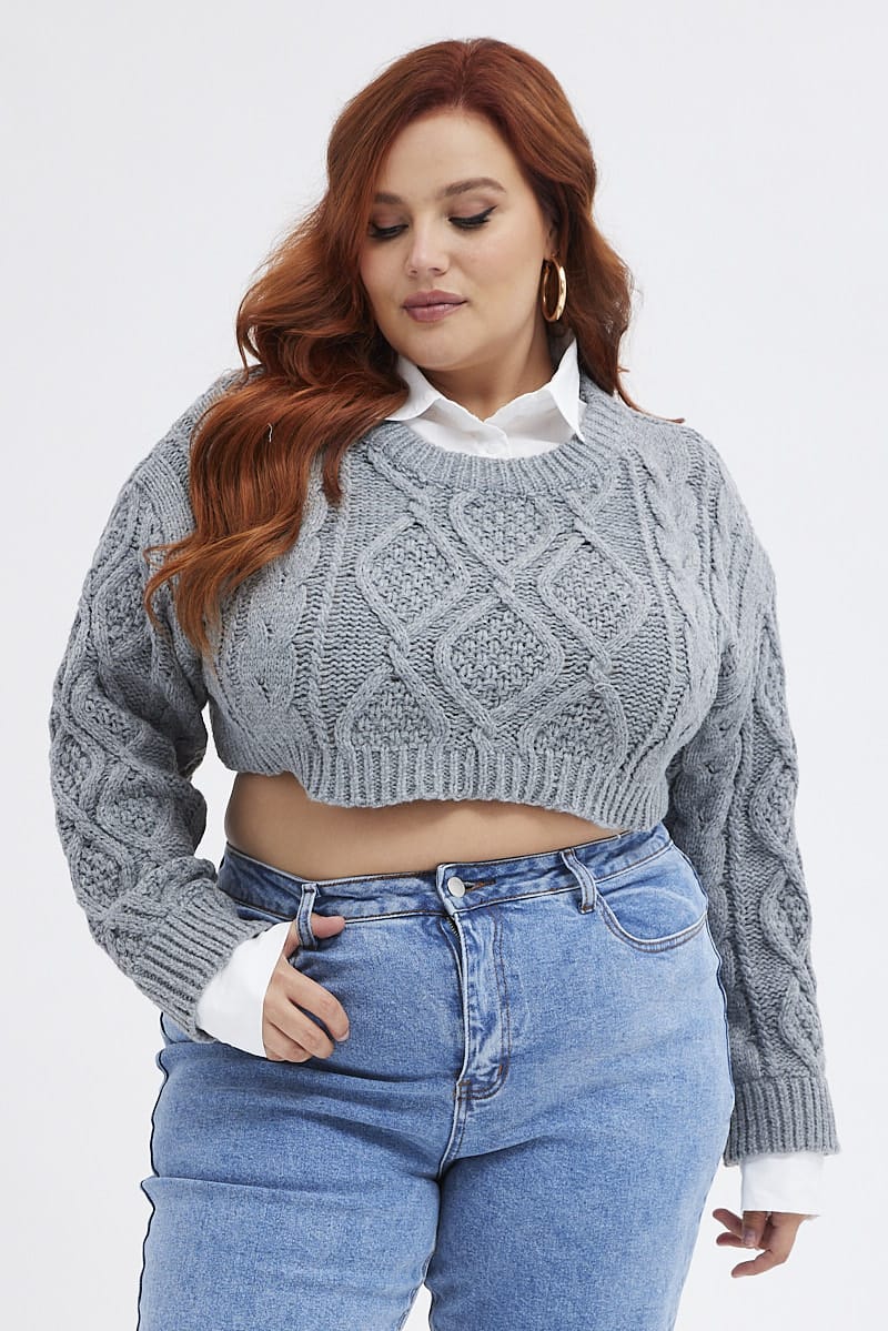Grey Cable Knit Jumper Crop Faux Layered for YouandAll Fashion