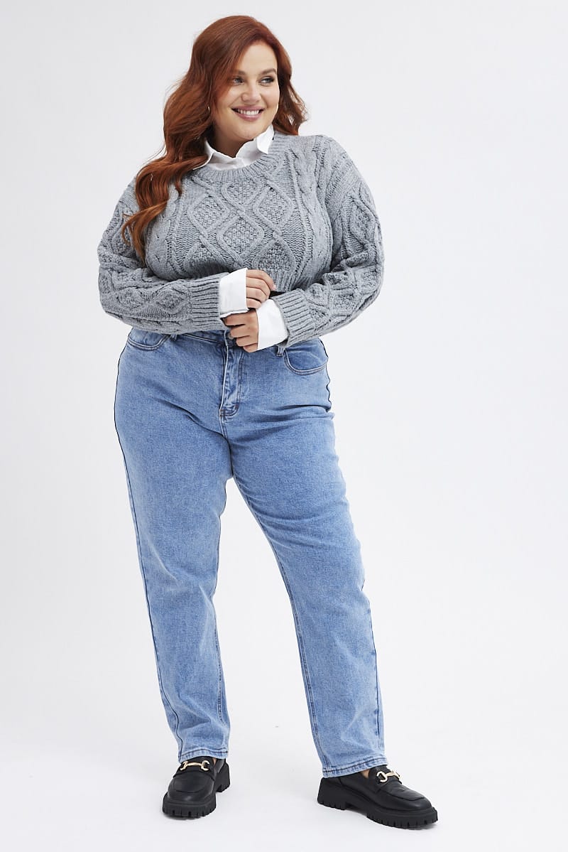 Grey Cable Knit Jumper Crop Faux Layered for YouandAll Fashion