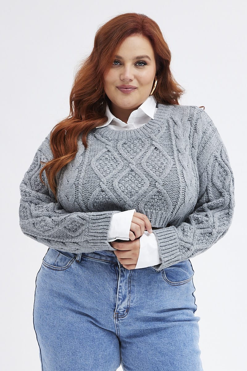 Grey Cable Knit Jumper Crop Faux Layered for YouandAll Fashion