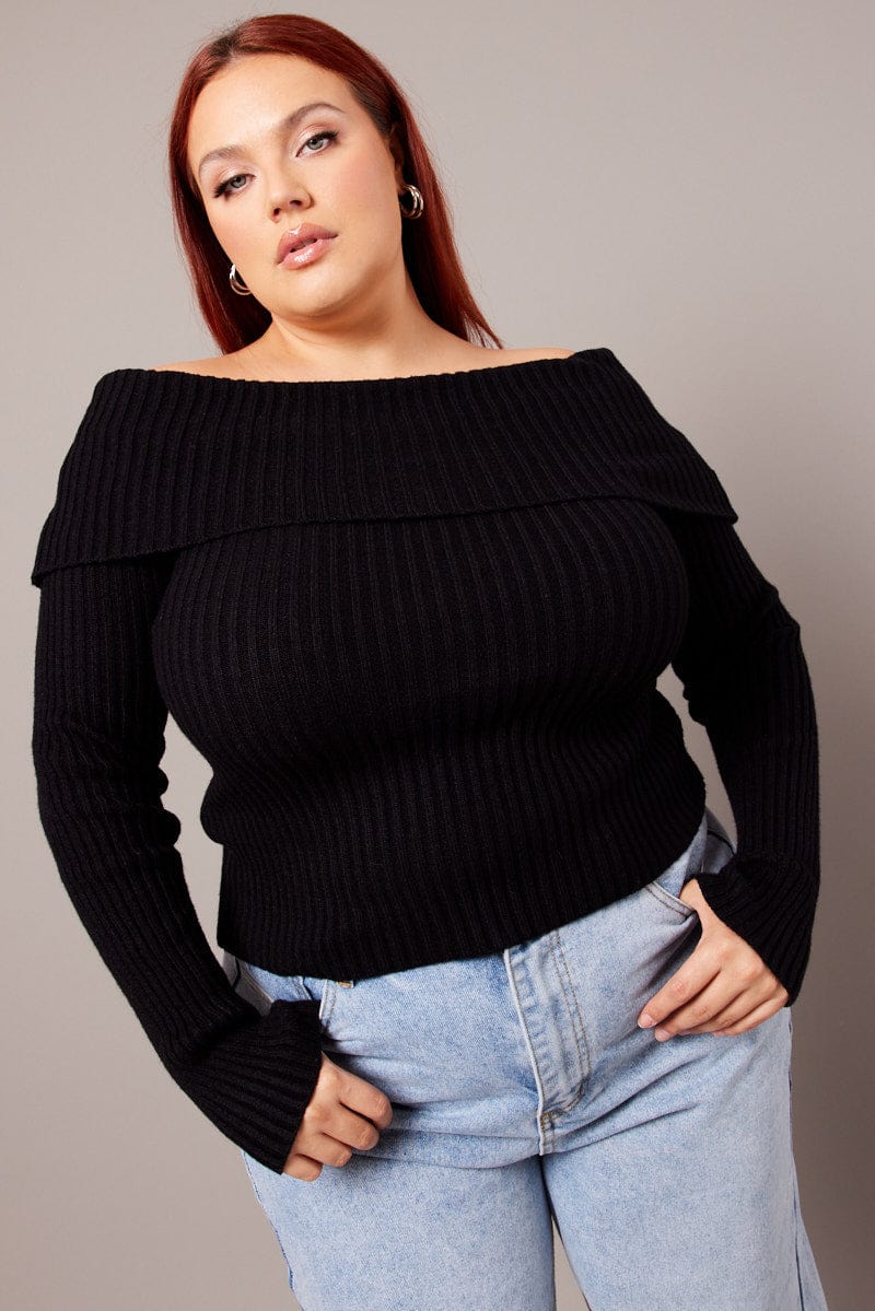 Black Off Shoulder Knit Top Long Sleeve for YouandAll Fashion