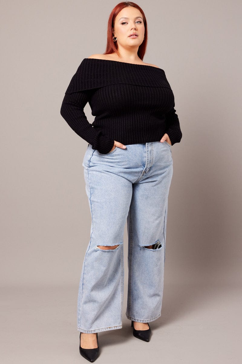 Black Off Shoulder Knit Top Long Sleeve for YouandAll Fashion