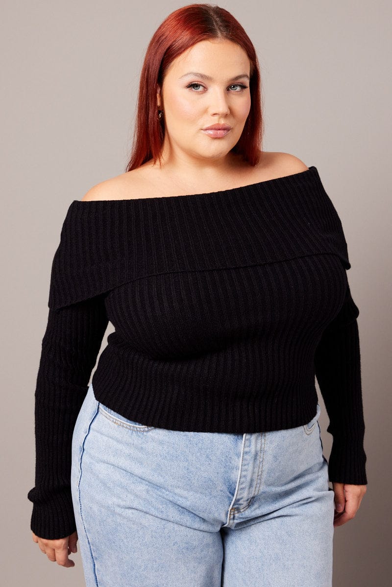 Black Off Shoulder Knit Top Long Sleeve for YouandAll Fashion