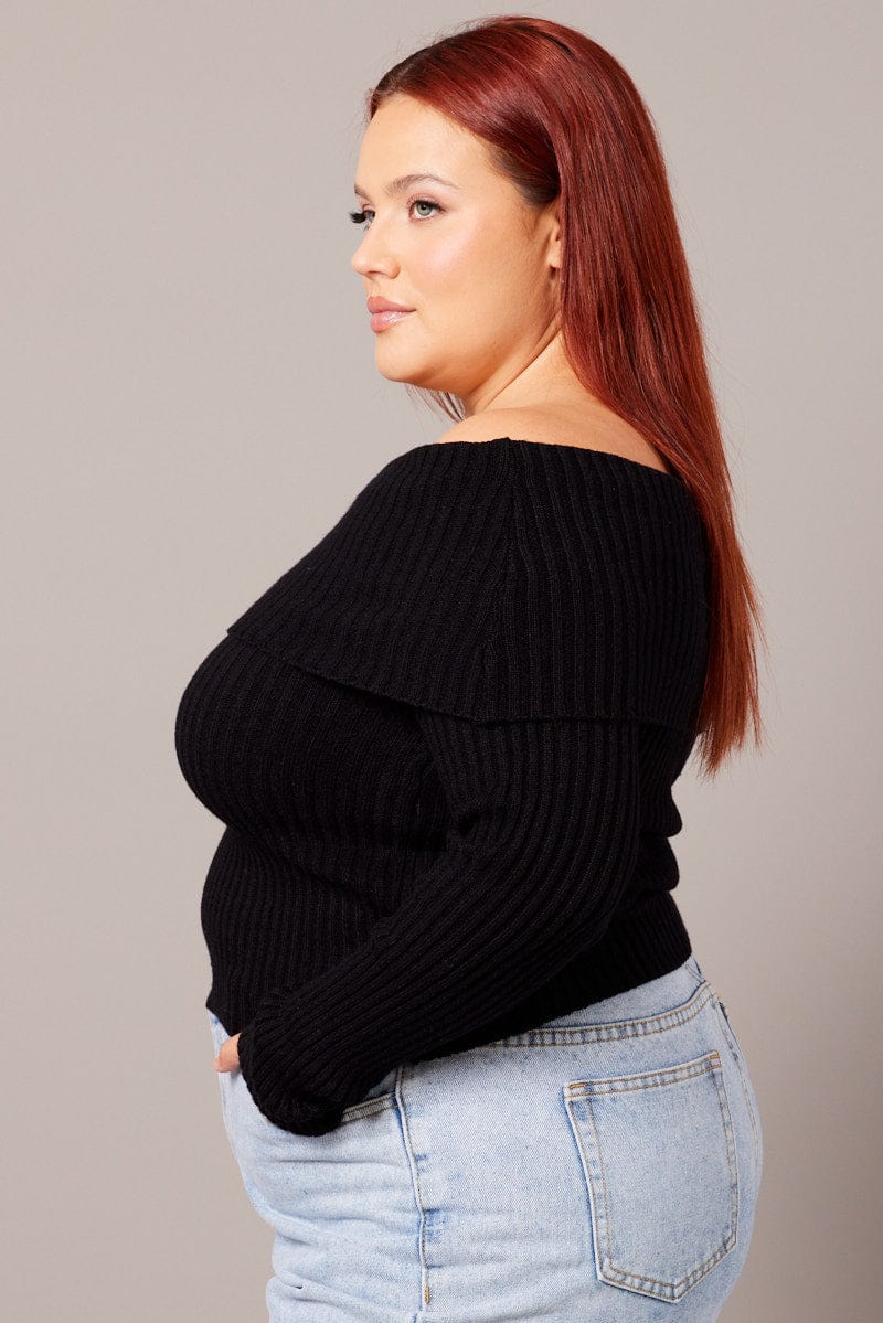 Black Off Shoulder Knit Top Long Sleeve for YouandAll Fashion