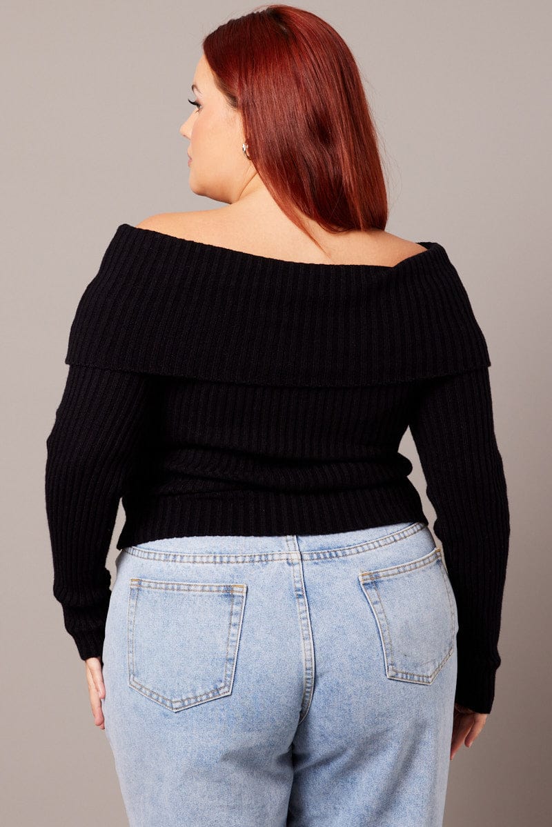 Black Off Shoulder Knit Top Long Sleeve for YouandAll Fashion