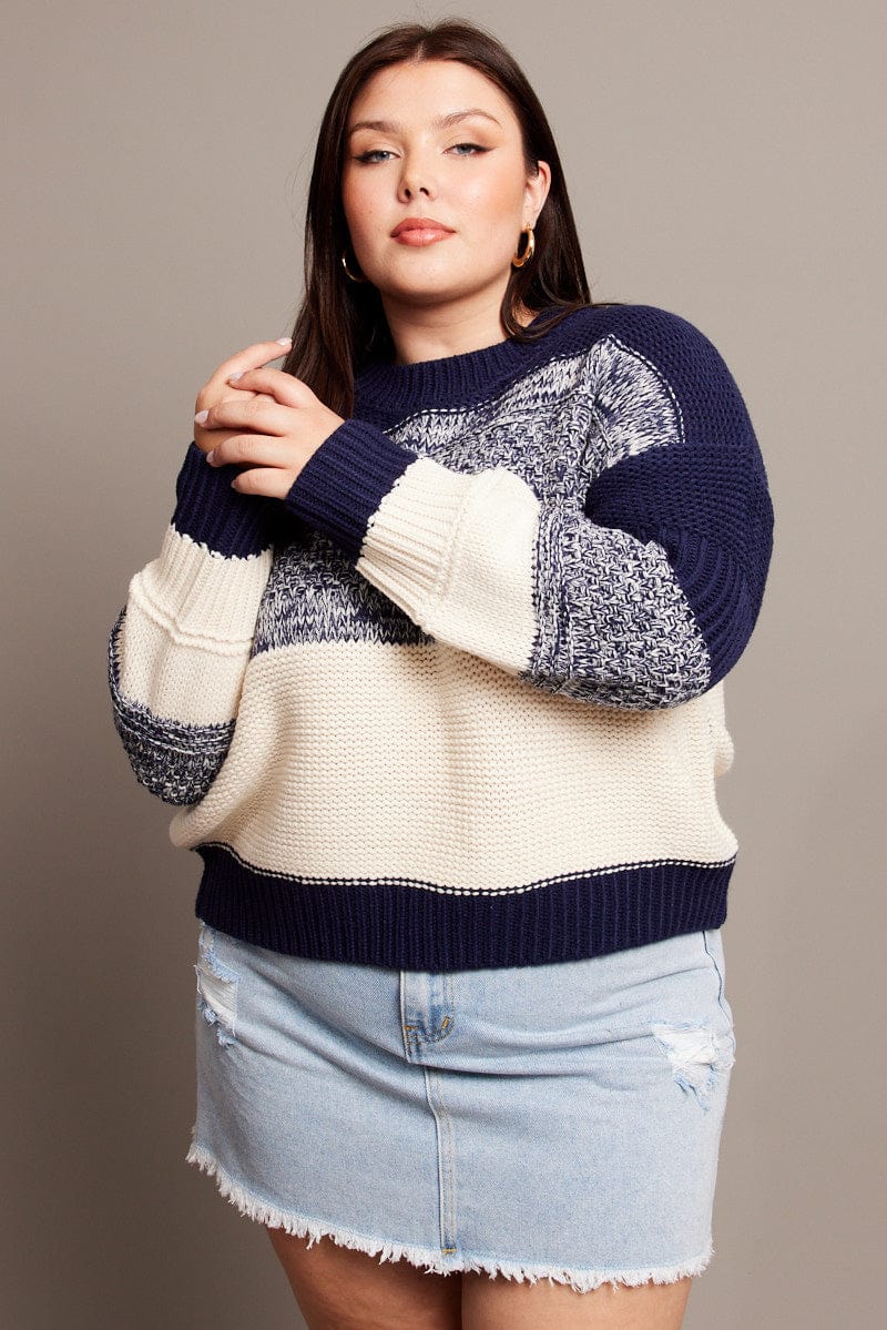 Blue Stripe Knit Jumper Long Sleeve Round Neck for YouandAll Fashion