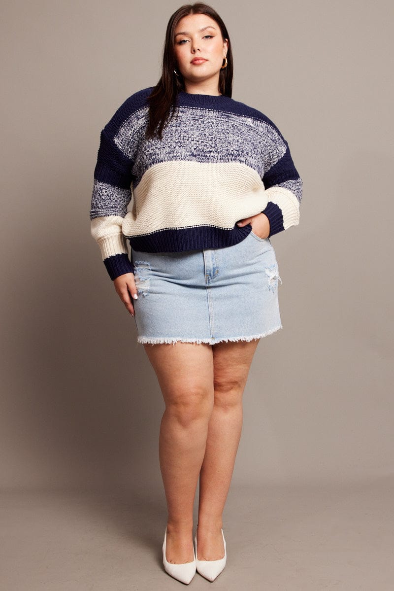 Blue Stripe Knit Jumper Long Sleeve Round Neck for YouandAll Fashion