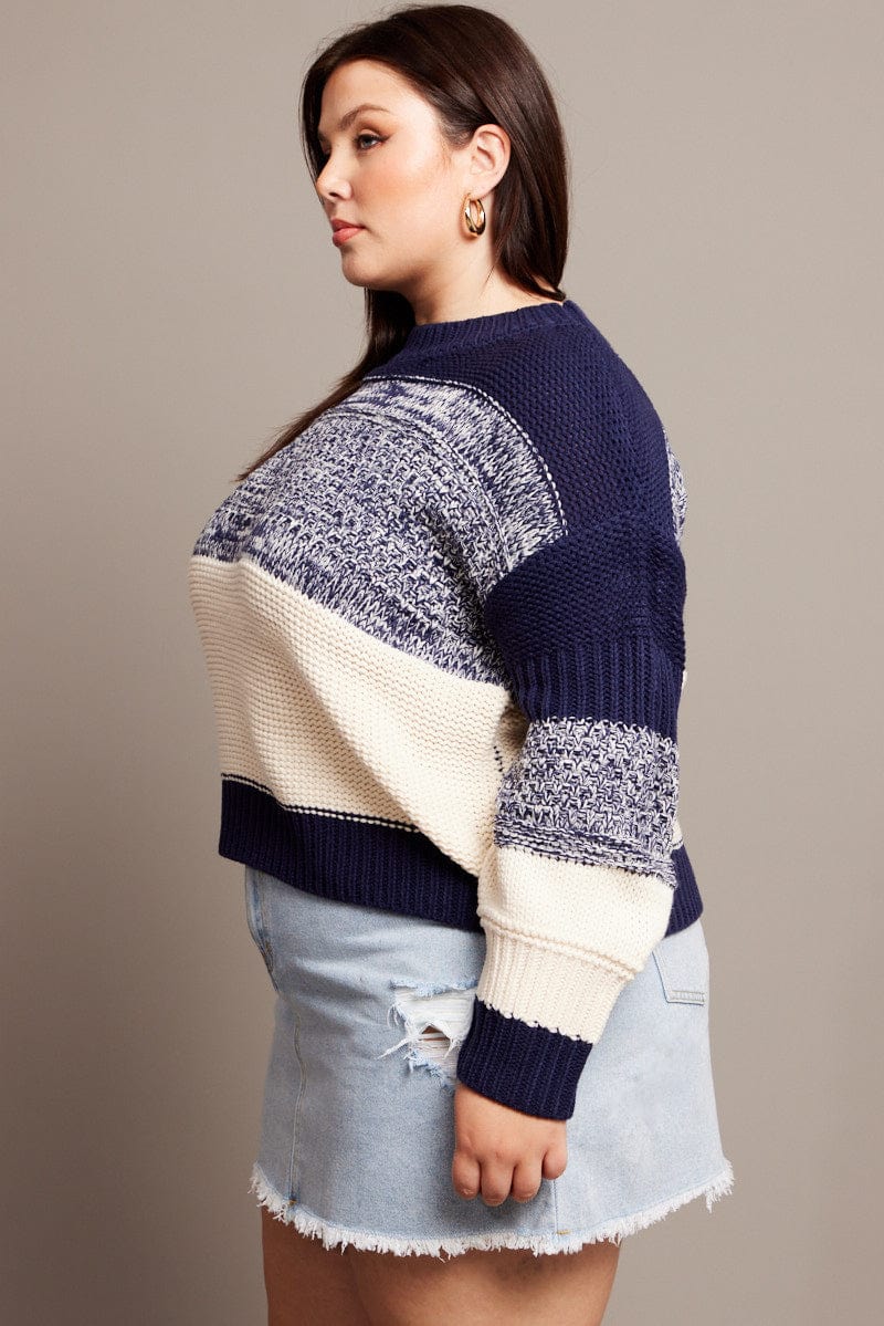 Blue Stripe Knit Jumper Long Sleeve Round Neck for YouandAll Fashion