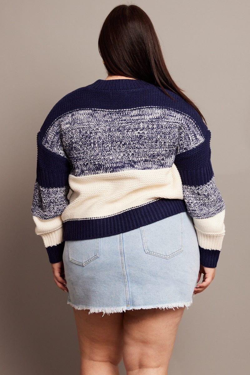 Blue Stripe Knit Jumper Long Sleeve Round Neck for YouandAll Fashion