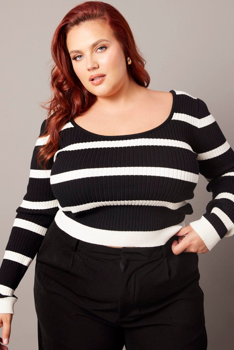 White Stripe Knit Top Long Sleeve Scoop Neck for YouandAll Fashion