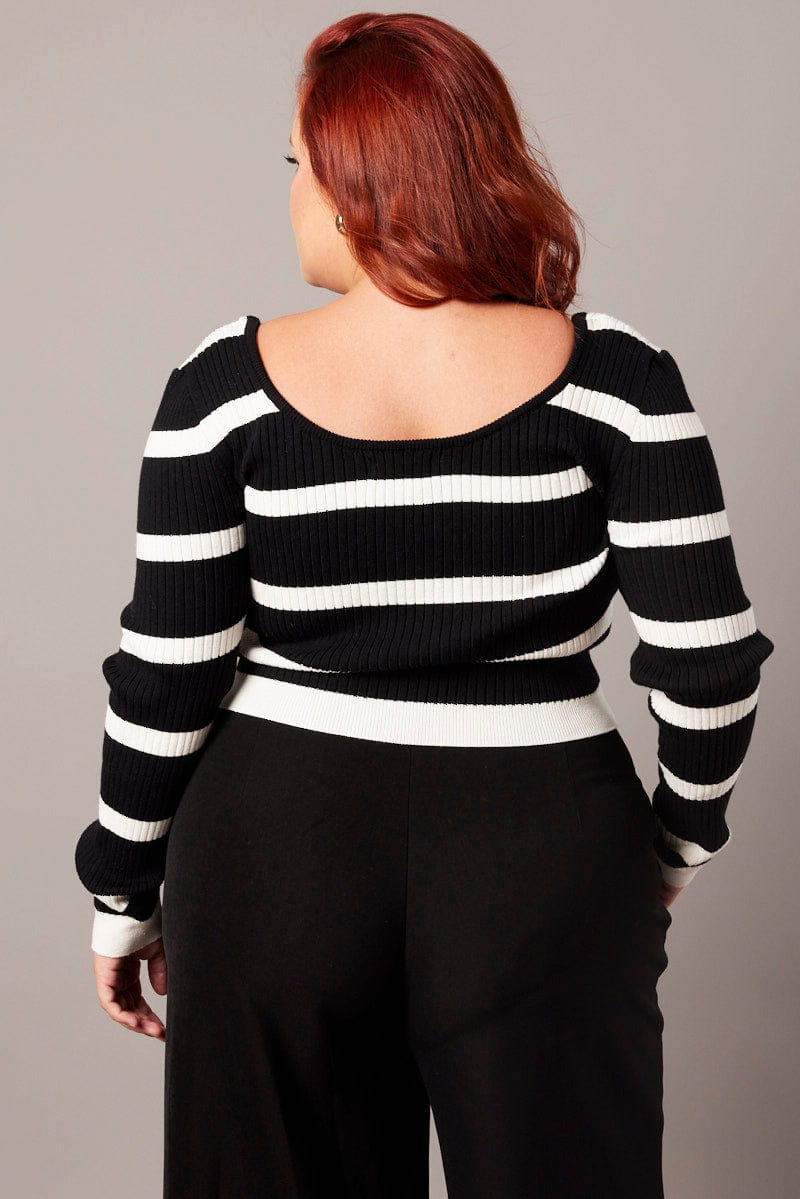 White Stripe Knit Top Long Sleeve Scoop Neck for YouandAll Fashion