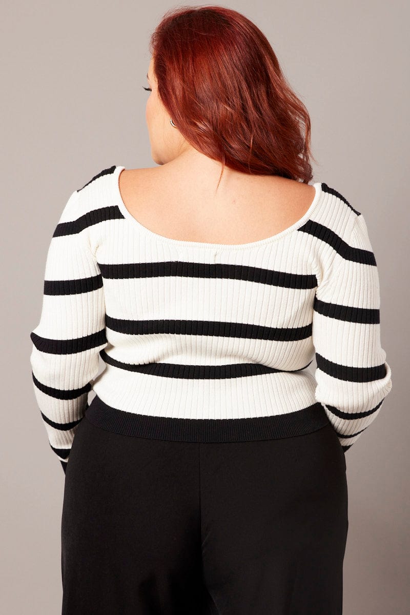 Black Stripe Knit Top Long Sleeve Scoop Neck for YouandAll Fashion