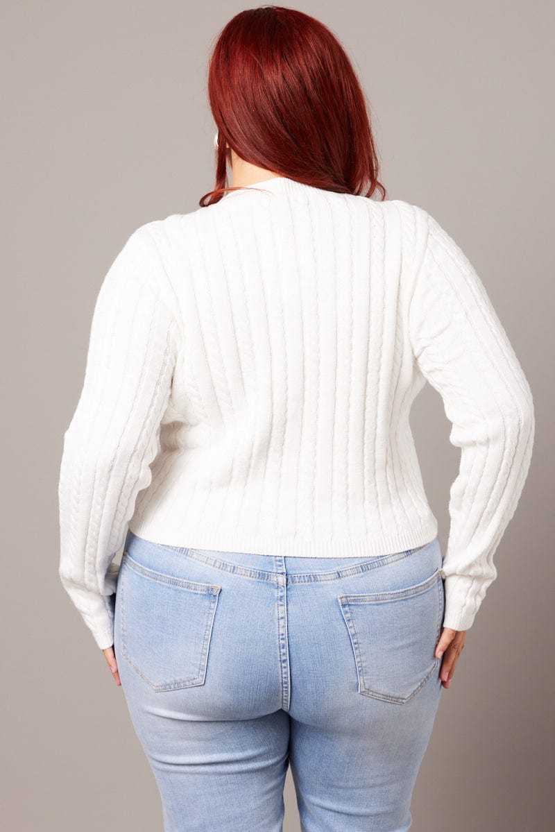 White Cable Knit Top Long Sleeve Crew Neck for YouandAll Fashion