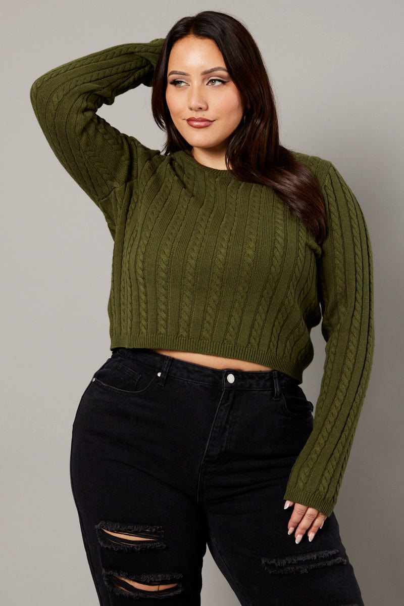 Green Cable Knit Top Long Sleeve Crew Neck for YouandAll Fashion
